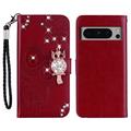 Google Pixel 8 Pro Búho Rhinestone Funda billetera - Rojo