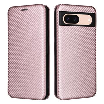 Funda con Tapa para Google Pixel 8a - Fibra de Carbon - Rosa Dorado