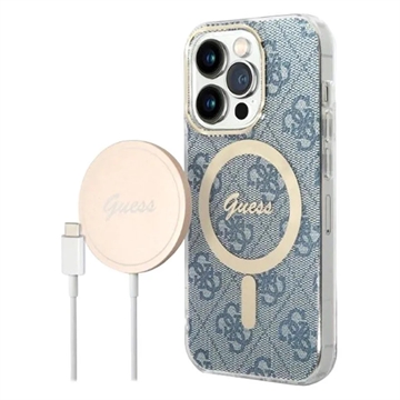 Carcasa & Cargador Inalámbrico Guess 4G Edition Bundle Pack para iPhone 14 Pro - Azul