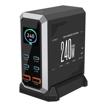 Estación de carga USB-C de 6 puertos HHW 240W GaN con pantalla - 4xUSB-C, 2xUSB-A - Negro