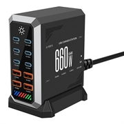 Estación de carga HHW 660W GaN de 10 puertos USB-C con pantalla - 6xUSB-C, 4xUSB-A - Negro