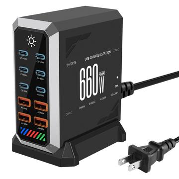 Estación de carga HHW 660W GaN de 10 puertos USB-C con pantalla - 6xUSB-C, 4xUSB-A - Negro