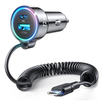 Joyroom JR-CL07 Cargador de coche rápido con cable 3 en 1 72W - USB-C, USB-A - Negro