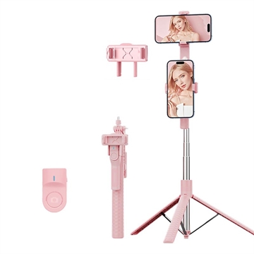 K50 Clip doble para teléfono Bluetooth Selfie Stick Trípode con mando a distancia - Rosa