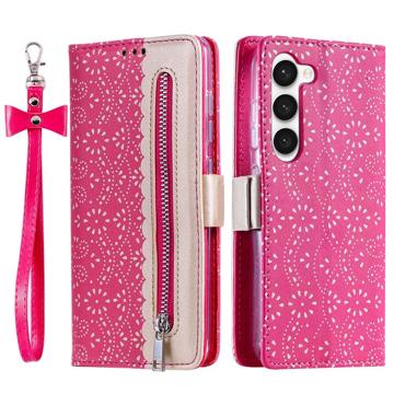 Funda Lace Pattern para Samsung Galaxy S23 5G - Estilo Cartera - Rosa Fuerte