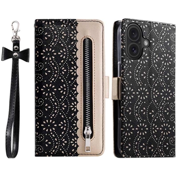 Funda Lace Pattern para iPhone 16 Plus - Estilo Cartera - Negro