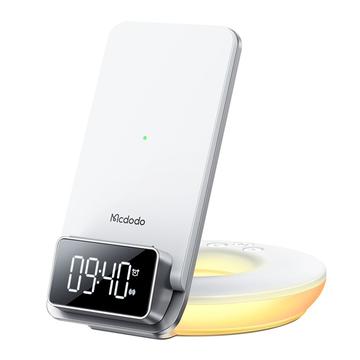 MCDODO CH-1610 MDD Cargador inalámbrico multifunción de 15W 4 en 1 Soporte de carga de sobremesa Estación de carga con pantalla digital LED y funciones de reloj despertador con luz nocturna - Blanco