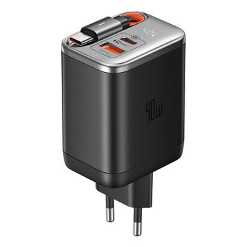 Mcdodo CH-4281 Cargador rápido GaN de 40W con cable USB-C retráctil de 65cm y puertos USB-C, USB-A - Negro