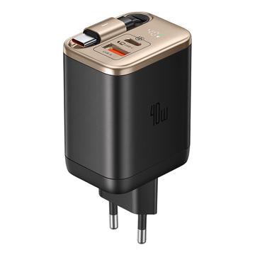 Mcdodo CH-4281 Cargador rápido GaN de 40W con cable USB-C retráctil de 65cm y puertos USB-C, USB-A - Oro desierto