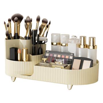Bandeja organizadora de maquillaje con soporte giratorio para brochas - Beige