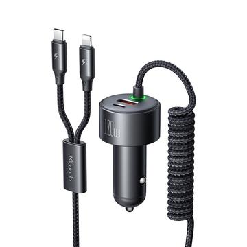 Mcdodo CC-037 Cargador de coche de doble puerto de 120W con cables USB-C y Lightning - Negro
