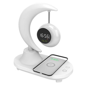 Altavoz Bluetooth Multifuncional en Forma de Luna con Reloj Despertador, Lámpara de Cabecera y Cargador Inalámbrico - Blanco