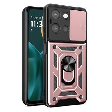 Funda híbrida con anillo giratorio y protector de cámara para Motorola Moto G (2025) - Rosa Dorado