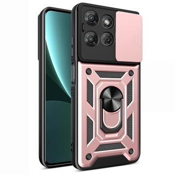 Funda híbrida con anillo giratorio y protector de cámara para Motorola Moto G Power (2025) - Rosa Dorado