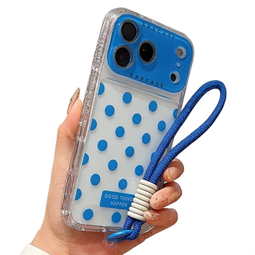 Funda de PC/TPU para iPhone 17 Pro Max con película para lente y correa - Lunares - Azul