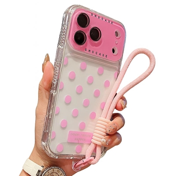 Funda de PC/TPU para iPhone 17 Pro con película para lente y correa - Lunares - Rosa