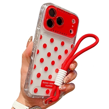 Funda de PC/TPU para iPhone 17 Pro con película para lente y correa - Lunares - Rojo