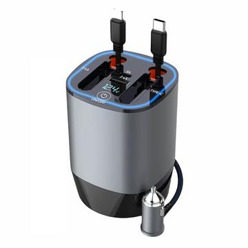 Cargador de coche PT-17 PD de 100 W con cables Lightning/USB-C retráctiles, indicador de voltaje y ambientador - Gris