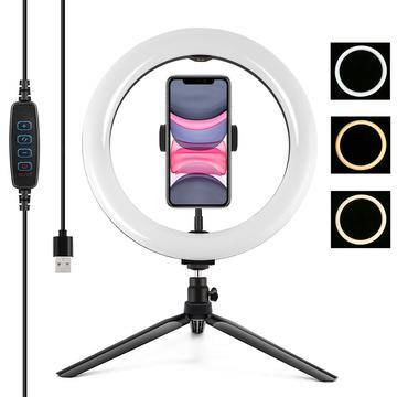 PULUZ PKT3071B 10.2" 26cm USB regulable LED Ring Lights Vlogging Selfie Fotografía Video Fill Light con soporte para trípode