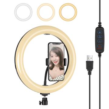 PULUZ PU397 Anillo de luz LED regulable de 10 pulgadas y 3 modos para fotografía y vídeo con clip para teléfono móvil para Vlogging - Negro