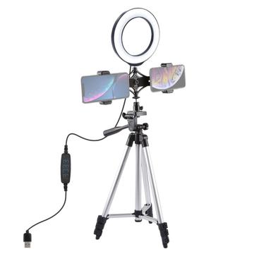 PULUZ Soporte para trípode + Soporte para teléfono dual para retransmisión en directo + Anillo LED de 6.2" y 16cm Kits de luz para vídeo Vlogging