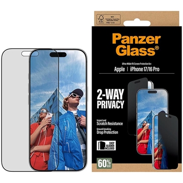 Protector de pantalla Privacidad iPhone 17/16 Pro PanzerGlass Ultra-Wide Fit EasyAligner 2-Way - 9H - Borde negro