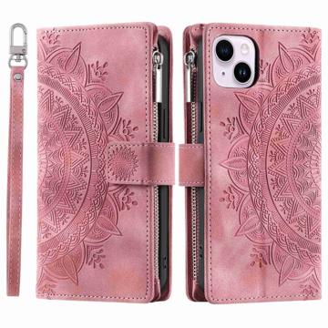 Funda Mandala Zipper para iPhone 14 Plus - Estilo Cartera - Rosa Dorado