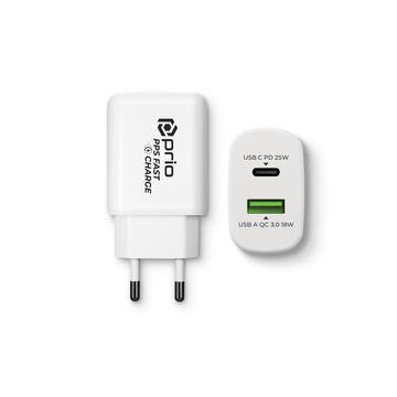 Prio PWC-1204 Cargador rápido de pared - 25W PD USB-C, 18W QC3.0 USB-A - Blanco