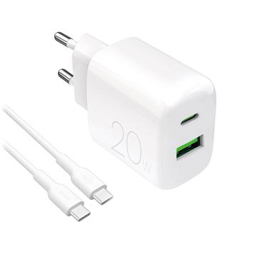 Cargador de doble puerto Puro Prolite 20W con cable USB-C - Blanco