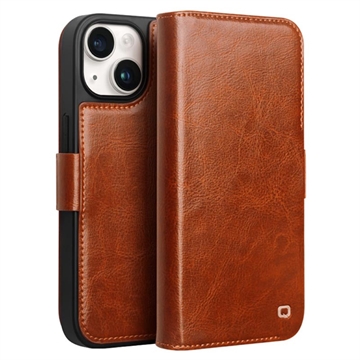 Funda Clásica de Cuero Qialino para iPhone 15 - Estilo Cartera - Marrón Claro