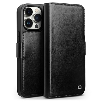 Funda Clásica de Cuero Qialino para iPhone 15 Pro - Estilo Cartera - Negro