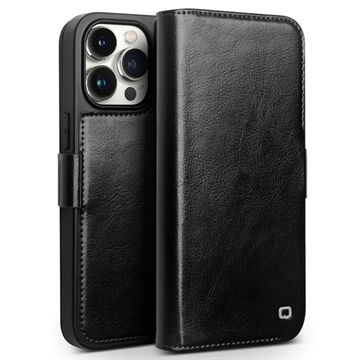 Funda Clásica de Cuero Qialino para iPhone 15 Pro Max - Estilo Cartera - Negro