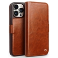 Funda Clásica de Cuero Qialino para iPhone 15 Pro Max - Estilo Cartera - Marrón Claro