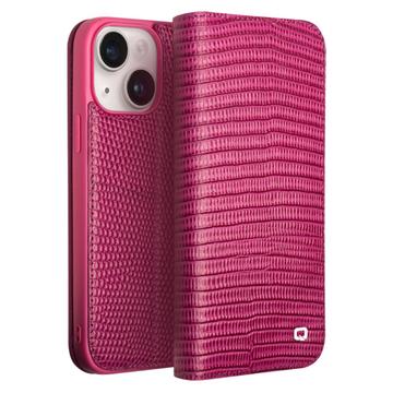 Funda de Cuero Qialino para iPhone 15 - Estilo Cartera - Cocodrilo - Rosa Fuerte