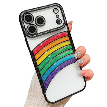 Funda híbrida iPhone 17 Pro Max arenas movedizas del arco iris con decoración de cámara de diamantes de imitación