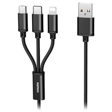 Cable USB 3-en-1 Remax Gition - Lightning, Tipo-C, MicroUSB - Negro