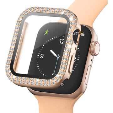 Carcasa Decorativa con Diamantes con Protector de Pantalla para Apple Watch SE (2022)/SE/6/5/4 - 44mm - Rosa Dorado