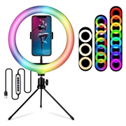 S26-RGB 10" RGB LED anillo de luz Selfie Fotografía Luz de relleno con soporte para teléfono y trípode