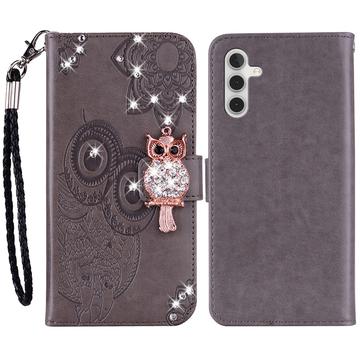 Samsung Galaxy A55 Búho Rhinestone Funda Billetera - Gris