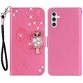 Samsung Galaxy A55 Búho Rhinestone Funda Cartera - Rosa Fuerte