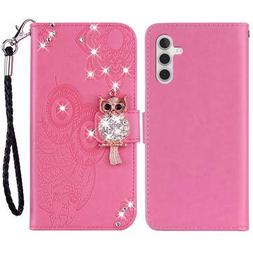 Samsung Galaxy A55 Búho Rhinestone Funda Cartera - Rosa Fuerte