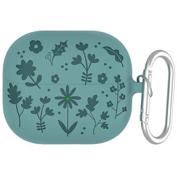 Funda de silicona líquida Samsung Galaxy Buds3/Buds3 Pro con estampado de flores y mosquetón - Verde oscuro