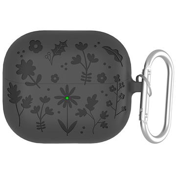 Funda de silicona líquida Samsung Galaxy Buds3/Buds3 Pro con estampado de flores y mosquetón - Gris oscuro