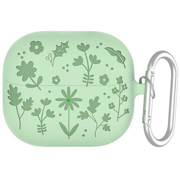 Funda de silicona líquida Samsung Galaxy Buds3/Buds3 Pro con estampado de flores y mosquetón - Verde