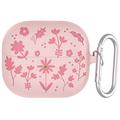 Funda de silicona líquida Samsung Galaxy Buds3/Buds3 Pro con estampado de flores y mosquetón - Rosa claro
