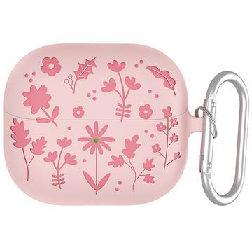 Funda de silicona líquida Samsung Galaxy Buds3/Buds3 Pro con estampado de flores y mosquetón - Rosa claro
