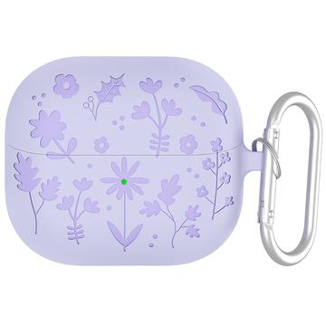 Funda de silicona líquida Samsung Galaxy Buds3/Buds3 Pro con estampado de flores y mosquetón - Morado claro