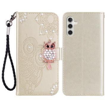 Samsung Galaxy S24 FE Búho Rhinestone Funda Billetera - Oro