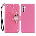 Samsung Galaxy S24 FE Búho Rhinestone Funda Cartera - Rosa Fuerte