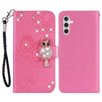 Samsung Galaxy S24 FE Búho Rhinestone Funda Cartera - Rosa Fuerte